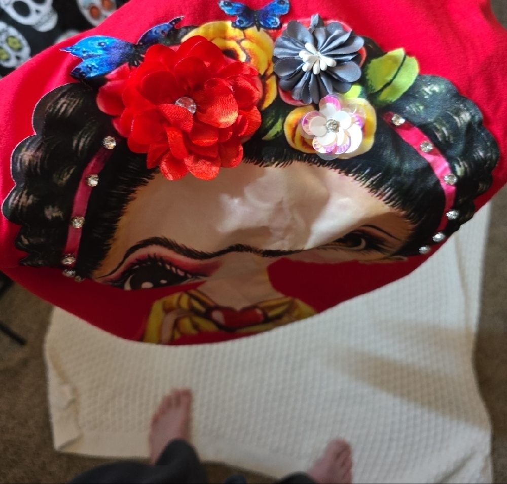 Girls Red Short-Sleeve Dress with Frida Art Designed In Italy - Picture 4 of 4